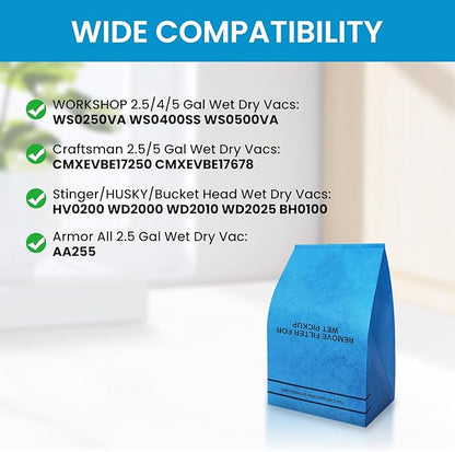 20 Pack Wet Dry Vac Filter Bags for Stinger 2.5-5 Gallon Vacuums, for MultiFit VF2000, for WORKSHOP WS01025F, for Craftsman 9-38737, for Husky, for Bucket Head, and for Bauer 3 Gallon Shop Vacs