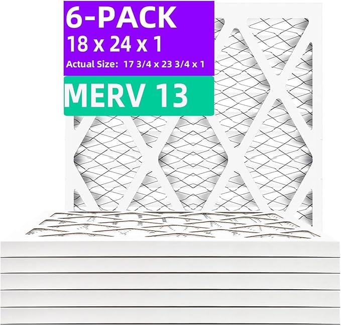 18x24x1 MERV 13 (6-Pack) Pleated Air Filter (Actual Size: 17.75" x 23.75" x 0.75") MPR 1900 & FPR 10, Furnace Air Filters, 18x24x1 air filter