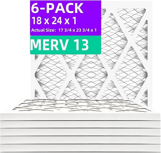 18x24x1 MERV 13 (6-Pack) Pleated Air Filter (Actual Size: 17.75" x 23.75" x 0.75") MPR 1900 & FPR 10, Furnace Air Filters, 18x24x1 air filter