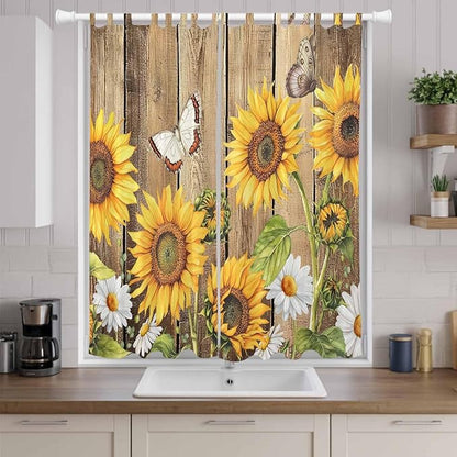 Farmhouse Sunflowers Living Room Curtains 96 Inch Length, Window Curtains Tab Top, Rustic Floral Buttterfly Wood Board Brown Light Filtering Window Treatments Drapes 52"x96" 2 Panel