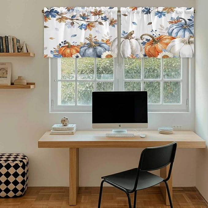 Navy Blue Pumpkin Fall Kitchen Tier Curtains 36 Inch Long 2 Panel Set,Rod Pocket Half Window Curtains Over Sink,Thanksgiving Maple Leaves Branches Short Drapes for Bathroom Cafe 27.5"W x 36"L