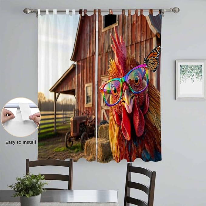 Farm Rooster Living Room Curtains 96 Inch Length, Window Curtains Tab Top, Farmhouse Barn Funny Animals Butterfly Light Filtering Window Treatments Drapes 52"x96" 2 Panel