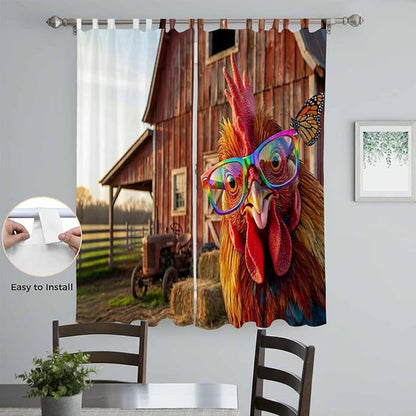 Farm Rooster Living Room Curtains 96 Inch Length, Window Curtains Tab Top, Farmhouse Barn Funny Animals Butterfly Light Filtering Window Treatments Drapes 52"x96" 2 Panel