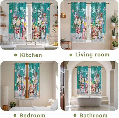 Spring Flowers Kitchen Curtains, Farmhouse Watercolor Teal Wood Grain Light Filtering Window Curtain Panels, 2Pcs Rod Pocket Window Treatments Set for Living Room Bathroom Bedroom 42x63 Inches