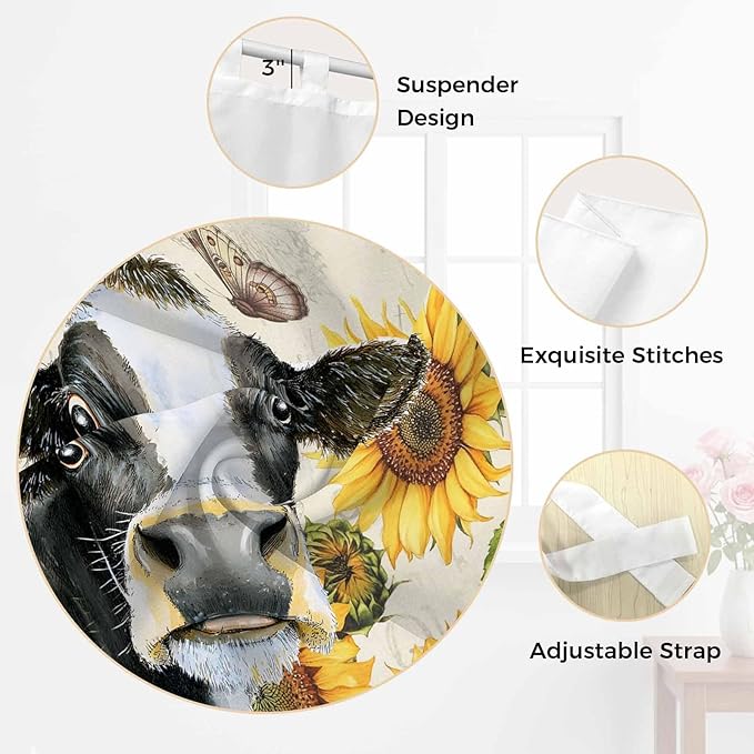 Yellow Sunflowers Bedroom Curtains 72 Inch Length, Window Curtains Tab Top, Country Cow Flower Butterfly Farmhouse Cream Light Filtering Window Treatments Drapes 52"x72" 2 Panel