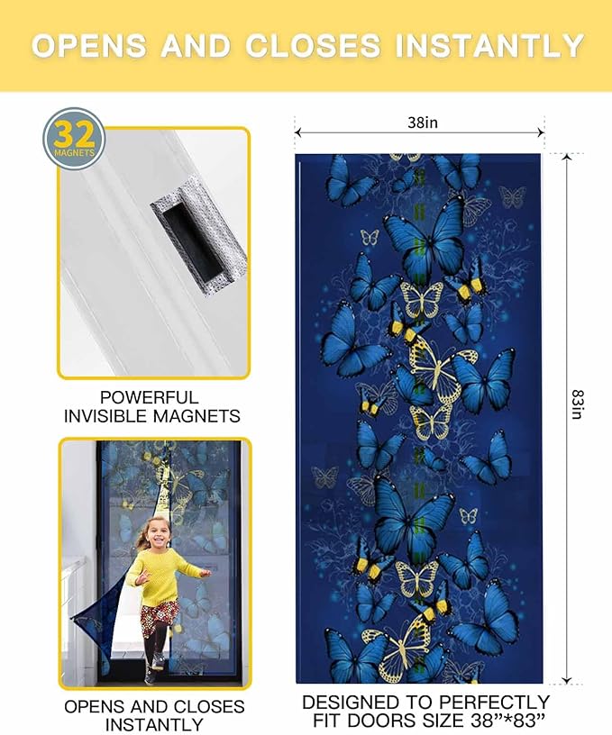 Screen Door 38"x83" Blue Butterfly Door Screen Magnetic Closure, Yellow Navy Blue Butterfly Art Hands Free Magnetic Screen Door for Single/Sliding/Front Door