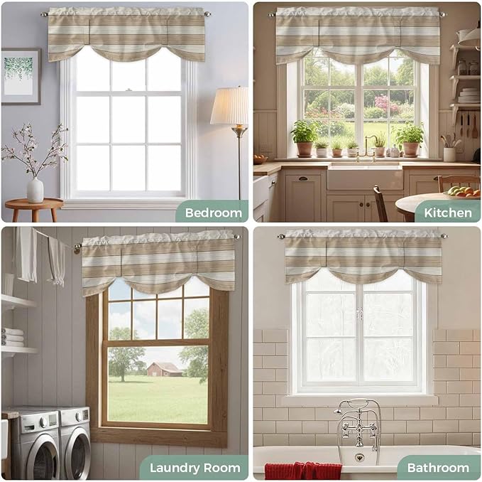 Brown Ombre Wooden Tie Up Valance Curtains for Windows, Kitchen Curtains Window Shades, Farmhouse Retro Khaki Wood Light Filtering Roman Curtain Valances for Bedroom/Bathroom/Cafe 42"x12"
