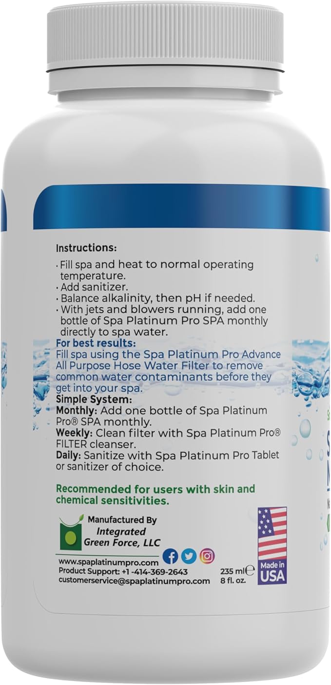 Spa Platinum Pro Hot Tub Water Clarifier, Spa Water Clarifier for Hot Tub For Crystal Clear Water, Fast Acting All Natural Compounds Hot Tub Clarifier to Keep Spa Clear & Balanced for 1 Month 8 Oz