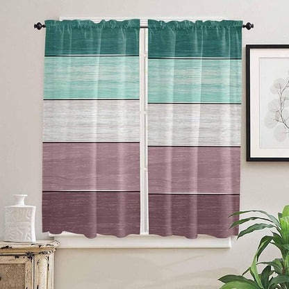 Retro Farm Woodcuts Texture Window Valance Curtains, Green Brown Gradient Light Filtering Kitchen Valance with 3-inch Rod Pocket for Living Room Bathroom Bedroom,2 Panel,42x63In