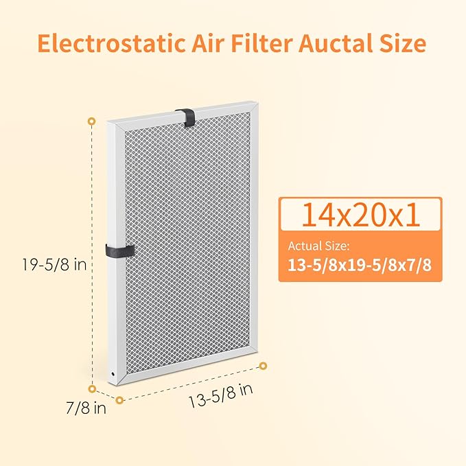 2-Pack 14x20x1 MERV 8 Reusable & Washable Electrostatic Air Filters - Long-Lasting Filter for HVAC, Furnace & Air Conditioner Units, Actual Size: 13-5/8” x 19-5/8” x 7/8”