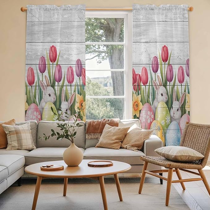 Easter Window Curtains 72 Inch Long 2 Panel Set, Rod Pocket Long Curtains & Drapes, Retro Spring Bunny Eggs Tulip Farm Wooden Grain Light Filtering Window Treatment for Bedroom Living Room 52"W x 72"L