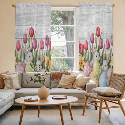 Easter Window Curtains 72 Inch Long 2 Panel Set, Rod Pocket Long Curtains & Drapes, Retro Spring Bunny Eggs Tulip Farm Wooden Grain Light Filtering Window Treatment for Bedroom Living Room 52"W x 72"L