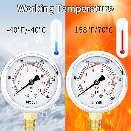0-200 Psi Glycerin Liquid Filled Low Pressure Gauge, 2.5" Dial Size, 1/4" G Lower Mount, 304 Stainless Steel Case, for Water Pipe, HVAC, Water Oil Air Pressure Test