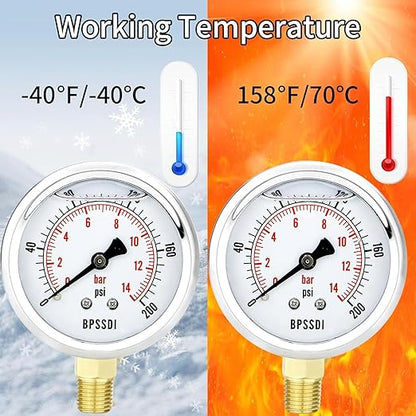 0-200 Psi Glycerin Liquid Filled Low Pressure Gauge, 2.5" Dial Size, 1/4" G Lower Mount, 304 Stainless Steel Case, for Water Pipe, HVAC, Water Oil Air Pressure Test