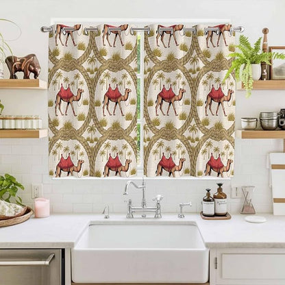 2 Panel Kitchen Cafe Curtains, Camels Palm Trees Sunlight Filtering Nature Air Through, Window Decor Tier Curtains for Living Room 104W x 72L inch Desert Date Coconut Trees Leaves Cords Beige