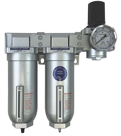 3/4" NPT Industrial (3-Stage) Moisture Removing Particulate Filter Water Separator and Oil, Moisture Vapor Removing Coalescing Filter and Air Pressure Regulator