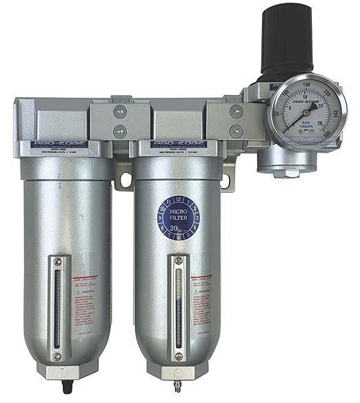 1/2" NPT Industrial (3-Stage) Moisture Removing Particulate Filter Water Separator and Oil, Moisture Vapor Removing Coalescing Filter and Air Pressure Regulator