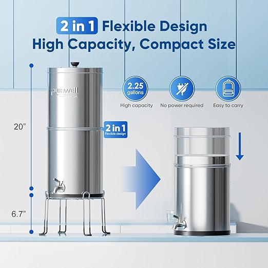 Purewell 3-Stage Gravity Fed Water Filter System, 2.25 Gallon Stainless Steel Countertop System with 2 Washable Ceramic Filters and Stand, Reduce up to 99% Chlorine, PW-OBT