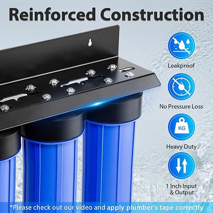 iSpring WGB32B-PB+AHPF12MNPT16X2 3-Stage Whole House Water Filter System, Reduces Lead, Chlorine, Sediment Home Water Filtration w/ 3/4'' Braided Stainless Steel Hose Connectors