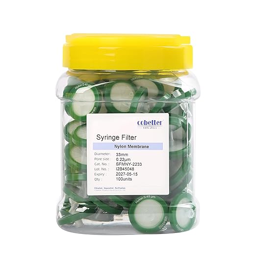 100 Pack Syringe Filter Nylon Lab Filters 0.22μm Pore Size 33mm Diameter Hydrophilic Filtration Non-sterile, Green