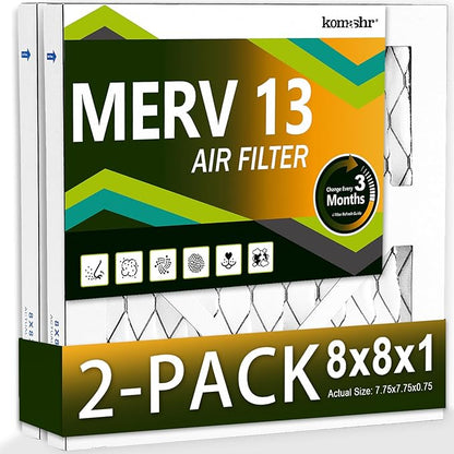 8x8x1 Air Filter MERV 13 (2-Pack), HVAC/Furnace AC Filter Replacement, Dust Defense–Comparable with MPR 1500-1900 & FPR 10 (Actual 7.75x7.75x0.75)
