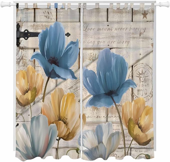 Blue Yellow Tulips Living Room Curtains 96 Inch Length, Window Curtains Tab Top, Retro Farmhouse Flower Barn Doors Wooden Light Filtering Window Treatments Drapes 52"x96" 2 Panel