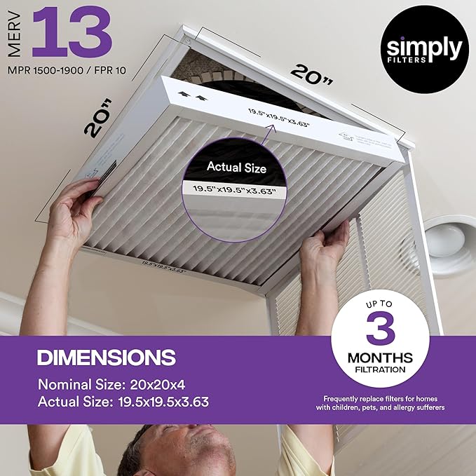 Simply 20x20x4 Air Filter, MERV 13, 6 Pack, Furnace Air Filter for HVAC (Actual Size:19.5"x19.5"x3.63") DUST, Pet, & Allergy Control