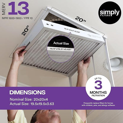 Simply 20x20x4 Air Filter, MERV 13, 6 Pack, Furnace Air Filter for HVAC (Actual Size:19.5"x19.5"x3.63") DUST, Pet, & Allergy Control