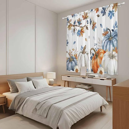 Navy Blue Pumpkin Fall Window Curtains 63 Inch Long 2 Panel Set, Rod Pocket Bedroom Curtains & Drapes, Thanksgiving Maple Leaves Branches Light Filtering Window Treatment for Living Room 42"W x 63"L