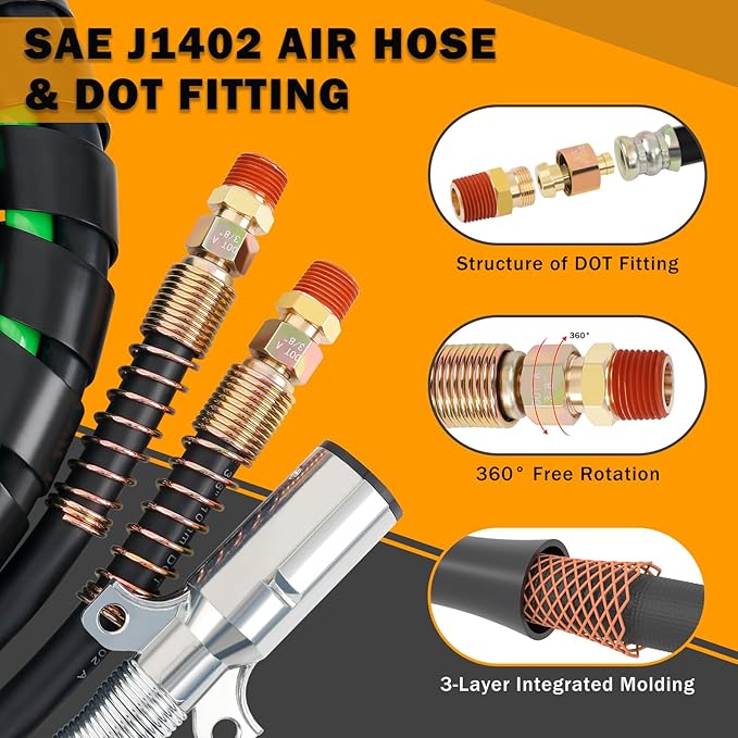 12FT Semi Truck Air Lines Kit 3IN1 Trailer Cord and Air Brake Hoses Assembly without Rubber Gladhand Handles for Semi Truck Trailer Tractor