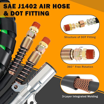 12FT Semi Truck Air Lines Kit 3IN1 Trailer Cord and Air Brake Hoses Assembly without Rubber Gladhand Handles for Semi Truck Trailer Tractor