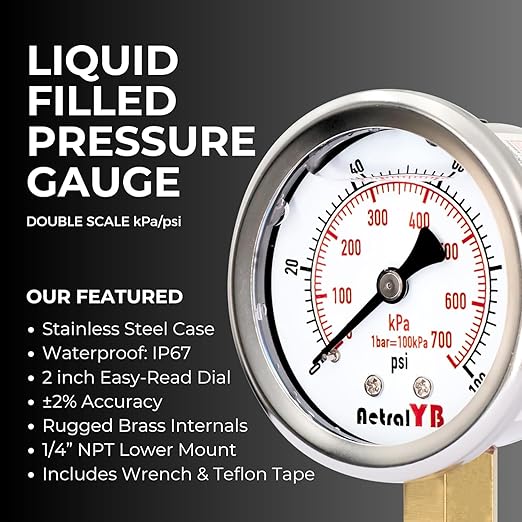 Glycerin-Filled Pressure Gauge,Brass Internal 2-Inch Gauge, Stainless Steel, 1/4" NPT Lower Mount (0-100Psi 2 Pack)
