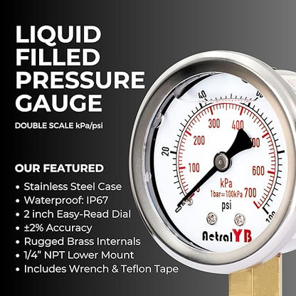 Glycerin-Filled Pressure Gauge,Brass Internal 2-Inch Gauge, Stainless Steel, 1/4" NPT Lower Mount (0-100Psi 2 Pack)