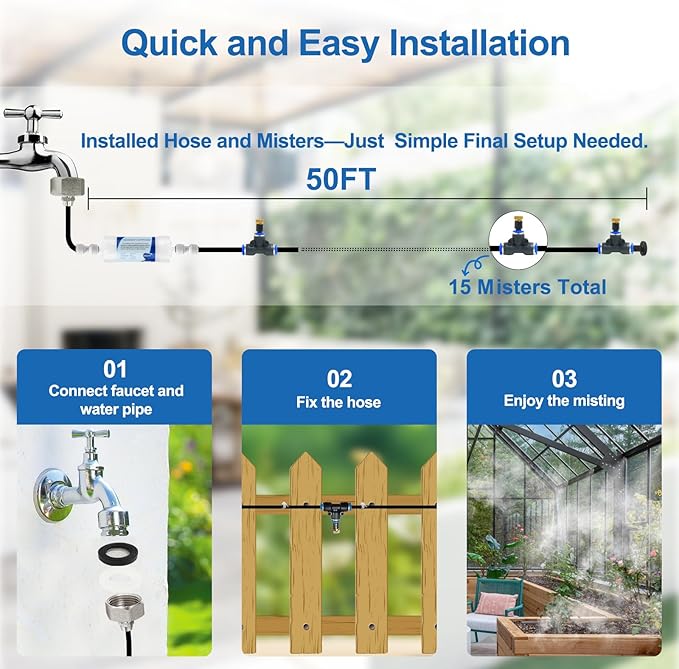 Pre-Assembled Misters for Outside Patio,Outdoor Misting Cooling System w Filter,50FT|15M.Backyard Mist Kit for Garden,Greenhouse,Deck,Umbrella,Canopy,Pool,Porch,Trampoline,Park.