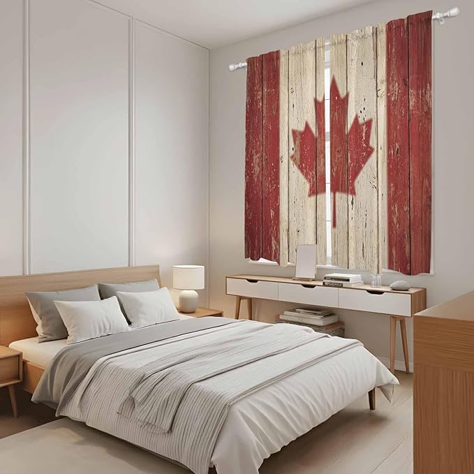 Canada Kitchen Curtains, Red Maple Leaf Flag Vintage Farmhouse Wooden Grain Light Filtering Window Curtain Panels, 2Pcs Rod Pocket Window Treatments Set for Living Room Bathroom Bedroom 42x63 Inches