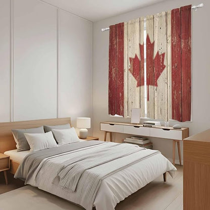 Canada Kitchen Curtains, Red Maple Leaf Flag Vintage Farmhouse Wooden Grain Light Filtering Window Curtain Panels, 2Pcs Rod Pocket Window Treatments Set for Living Room Bathroom Bedroom 42x63 Inches
