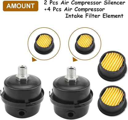 Pack of 2 Air Compressor Silencer with Replacement Elements, 1/4" Thread Air Compressor Intake Filter Silencer, 13mm Metal Air Compressor Filter Noise Muffler Replacement Parts