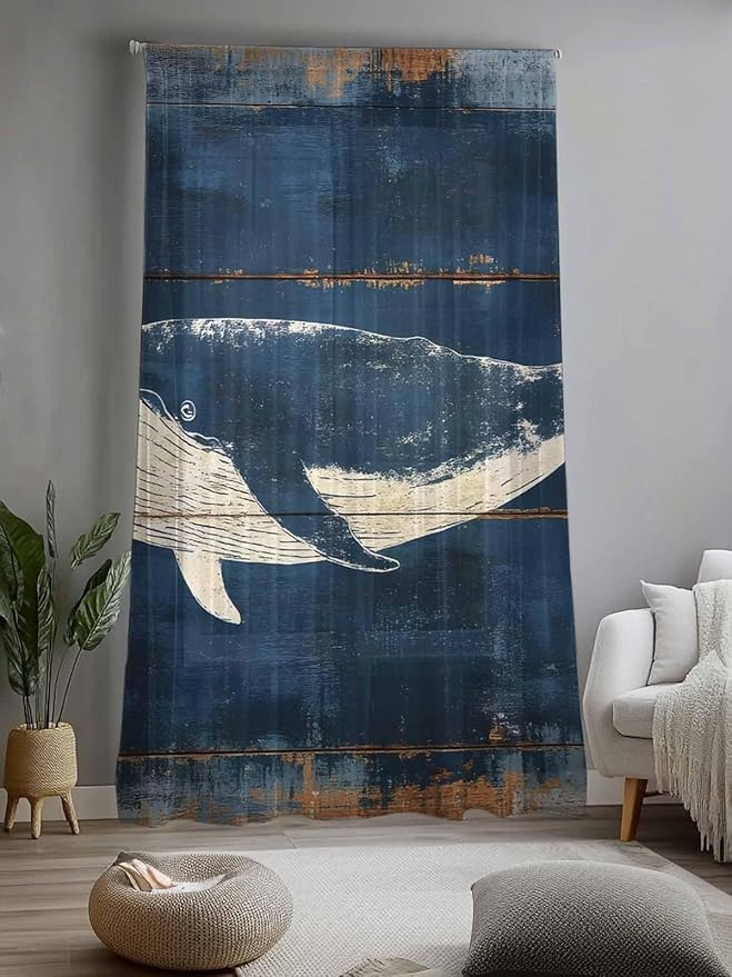 Sheer Curtains 96 Inches Long, Summer Whale Blue Semi Sheer Curtains Light Filtering Window Treatment, Coastal Ocean Vintage Wooden Grain Privacy Voile Drapes for Living Room Bedroom 52x96 Inch
