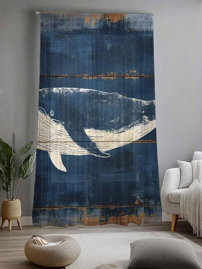 Sheer Curtains 84 Inches Long, Summer Whale Blue Semi Sheer Curtains Light Filtering Window Treatment, Coastal Ocean Vintage Wooden Grain Privacy Voile Drapes for Living Room Bedroom 52x84 Inch