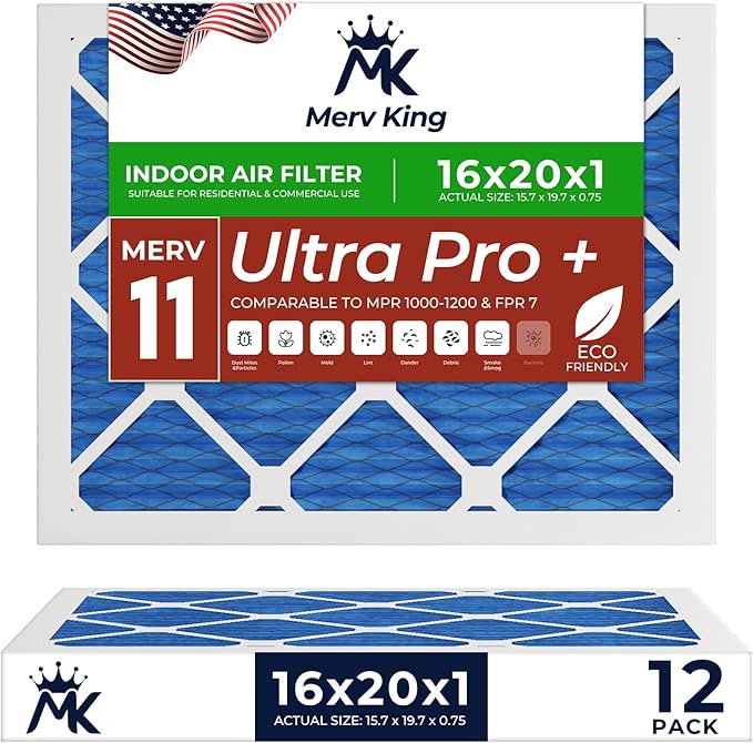MervKing 16x20x1 Air Filter Actual Size: 15.7" x 19.7" x 0.75" MERV 11 MPR 1000-1200 | MADE IN USA | 12-Pack | Pleated HVAC AC Furnace Replacement