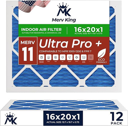 MervKing 16x20x1 Air Filter Actual Size: 15.7" x 19.7" x 0.75" MERV 11 MPR 1000-1200 | MADE IN USA | 12-Pack | Pleated HVAC AC Furnace Replacement