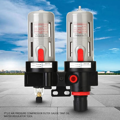 PT1/2 Compressor Filter Kit High Efficiency Air Pressure Regulator with Oil Water Separator for Pneumatic Tools Durable Plastic Construction 60CC Water Cup 90CC Oil Cup