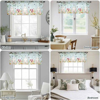 Easter Sheer Valances for Windows 60"x18", Light Filtering Kitchen Curtains Valance, Spring Watercolor Eggs Tulip Wooden Grain Teal Rod Pocket Chiffon Curtains for Living Room Bedroom Cafe