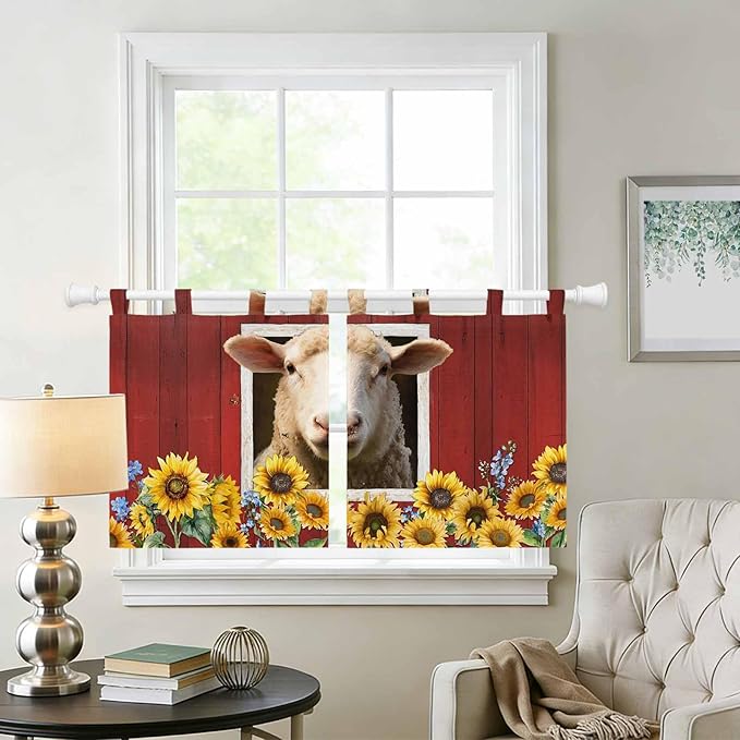Sheep Sunflower Kitchen Curtains 24 Inch Length, Small Window Curtains Tab Top, Country Red Farm Barn Spring Flowers Light Filtering Short Window Treatments Tier Drapes 27.5"x24" 2 Panel