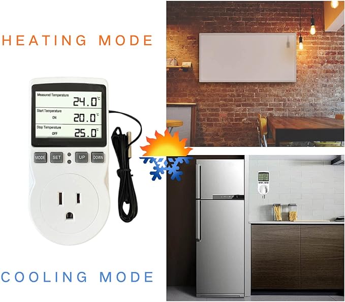 Plug in Thermostat Temperature Controller Electric Digital Thermostat Heating Cooling Mode Timer White