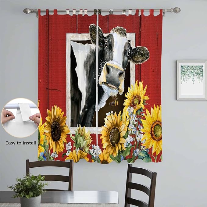 Cows Sunflowers Living Room Curtains 84 Inch Length, Window Curtains Tab Top, Spring Botanical Floral Bees Red Barn Light Filtering Window Treatments Drapes 52"x84" 2 Panel