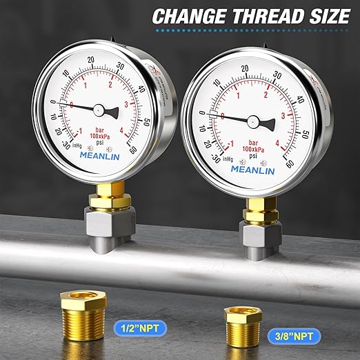 MEANLIN MEASURE -30inHG~60Psi Vacuum Gauge Stainless Steel 1/4" NPT 2" FACE DIAL Waterproof for Air Compressor HVAC Negative Pressure Hand Pump Pool Lower Mount, with 1/2" NPT and 3/8" NPT Hex Bushing