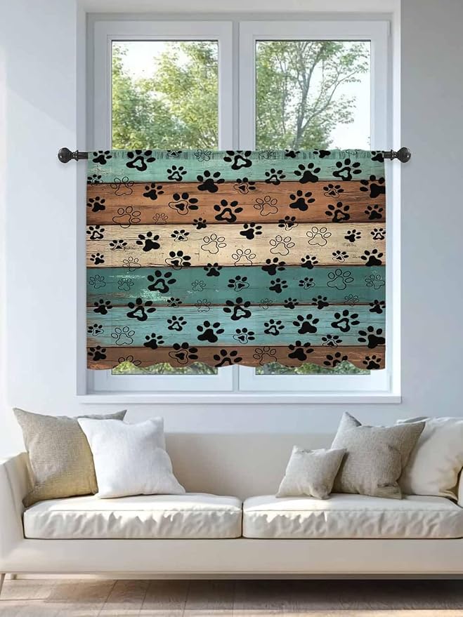 Sheer Curtains 45 Inch Length, Green Brown Paw Print Semi Sheer Curtains Light Filtering Window Treatment, Vintage Farmhouse Country Wooden Grain Privacy Voile Drapes for Living Room 52x45 Inch