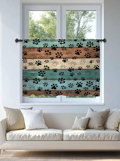 Sheer Curtains 45 Inch Length, Green Brown Paw Print Semi Sheer Curtains Light Filtering Window Treatment, Vintage Farmhouse Country Wooden Grain Privacy Voile Drapes for Living Room 52x45 Inch