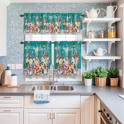 Spring Flowers Kitchen Curtain Set, Farmhouse Watercolor Teal Wood Grain Window Valance and Tiers 36" Length, Light Filtering Short Curtains Valance for Cafe Bathroom Bedroom 54"x18"